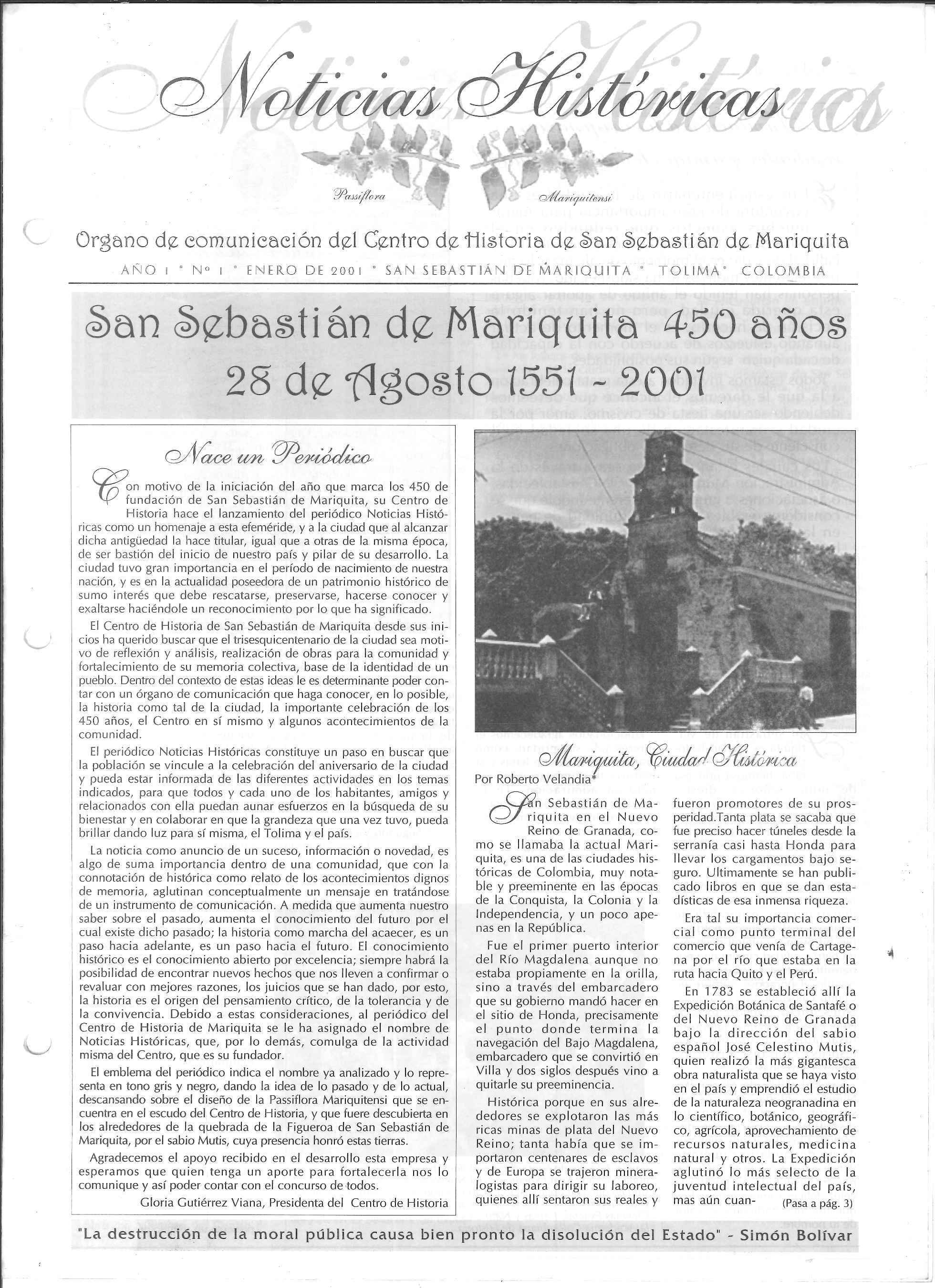 Portada Periódico Noticias Históricas Edición 1 Enero 2001