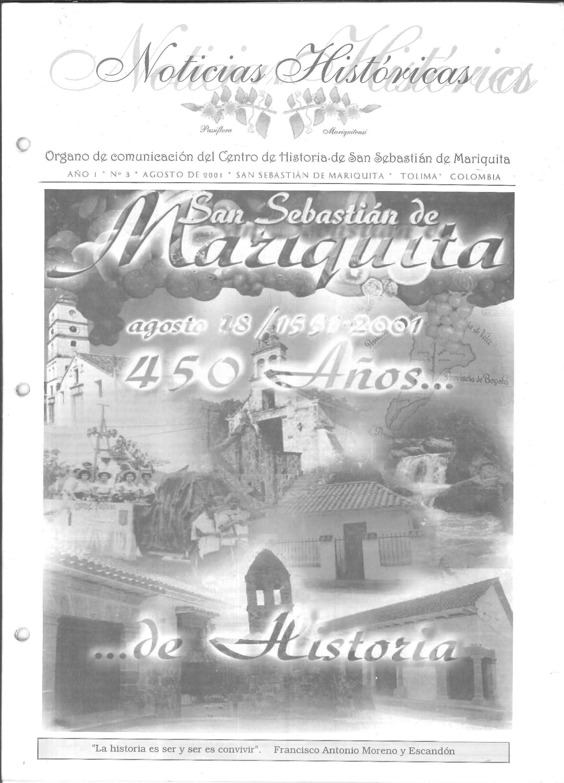 Portada Conmemorativa 450 Años San Sebastián de Mariquita Edición 3 Agosto 2001