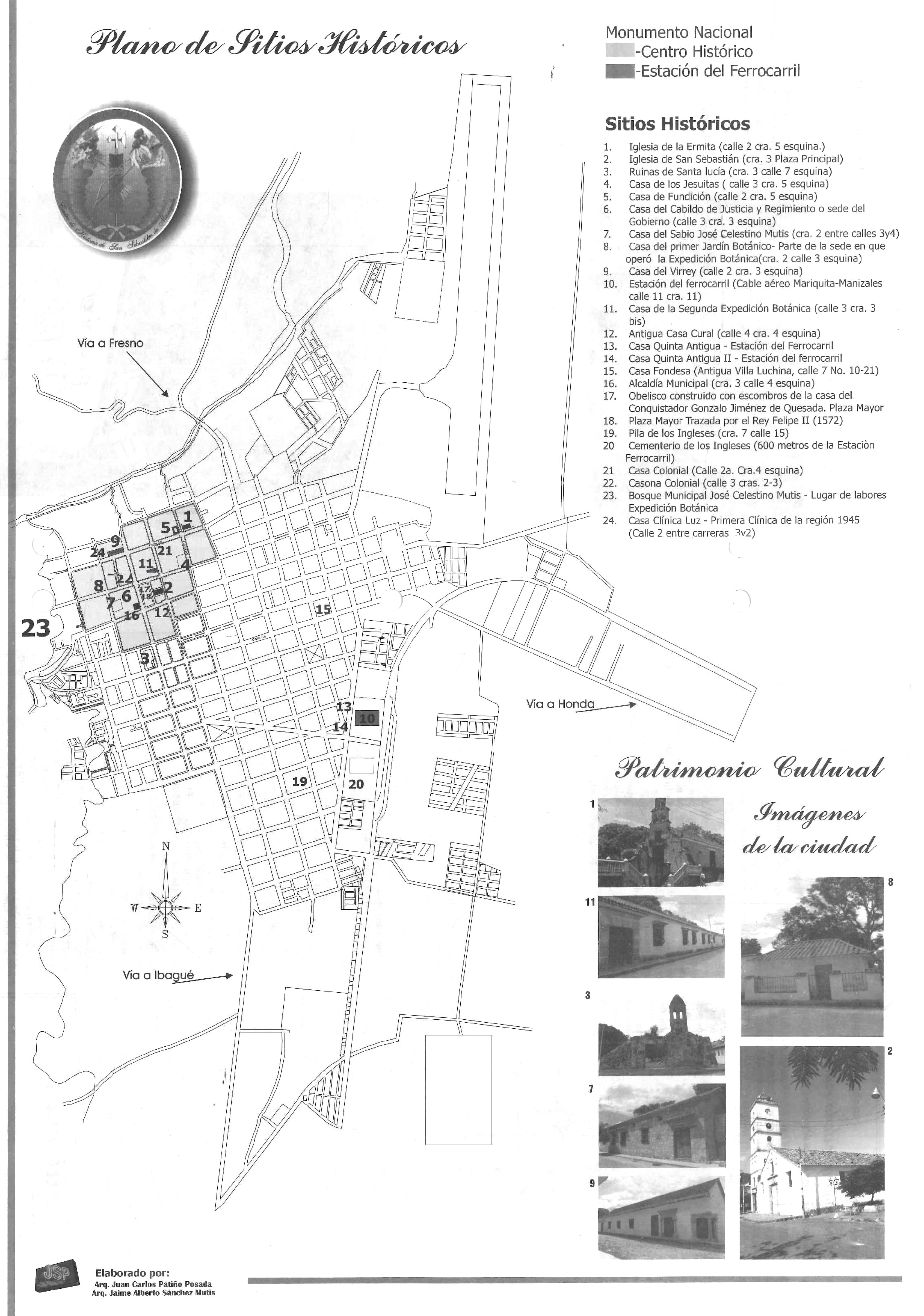 Plano de Sitios Históricos de San Sebastián de Mariquita elaborado por Arq. Patiño y Arq. Sánchez Mutis